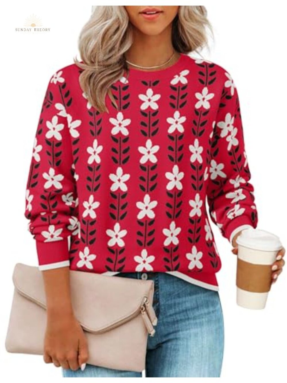 ZESICA Long Sleeve Crewneck Floral Print Knitted Pullover Sweater